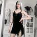 Dark Cross Black Mini Dress Vintage Sexy Spaghetti Strap High Waist Slit Dresses Goth Party Club Women Dress_ecoleips.com