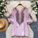 Women's Bohemian Style Embroidery Blouse with Tie Waist Korean Commuter Style Lantern Sleeve Loose Fit Slimming Versatile Top_ecoleips.com