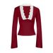 WG157 Cross-Border Foreign Trade Women's Clothing Sexy Fashion Lace Deep V Slim Fit T-Shirt Hot Girl Long Sleeve_ecoleips.com