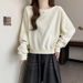 European American Style Solid Color Hoodless Long-sleeve Sweatshirt Women, Loose Slimming, Thin, One-shoulder Short Top_ecoleips.com