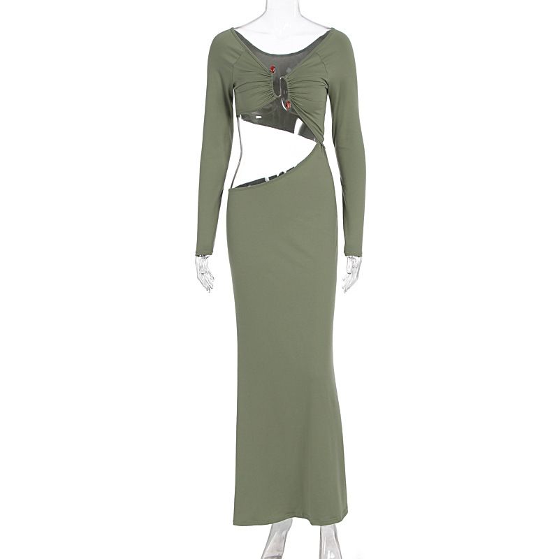 Fashion Sexy Long Sleeve Hollow Out Slim Fit Maxi Dress Women Vacation Beach Style Casual Evening Party Long Dress_ecoleips.com