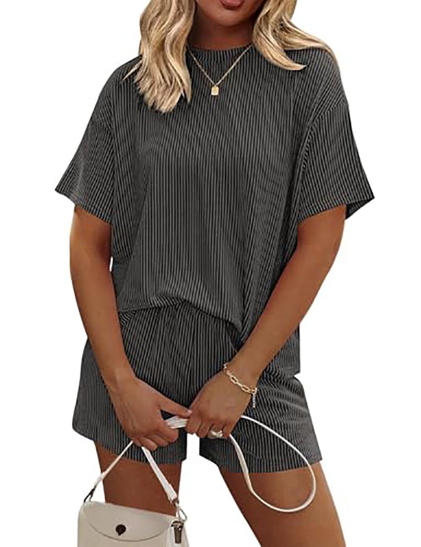Women's Summer Pajama Set Striped Fashion Color Block Short Sleeved Homewear_ecoleips.com