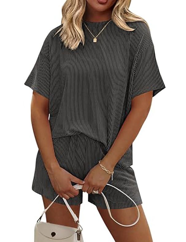 Women's Summer Pajama Set Striped Fashion Color Block Short Sleeved Homewear_ecoleips.com
