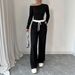 AD316 Cross-Border Color-Block Casual Set: New Spring Autumn Loose Wide-Leg Pants And Slim Fit Off-Shoulder Comfortable_ecoleips.com