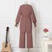 H730 Muslim Women's Solid Color Drawstring Tie Two-Piece Set Round Neck Top Wide-Leg Pants Elegant Ladies Suit_ecoleips.com