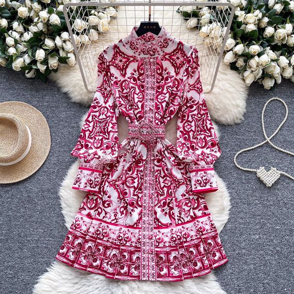 Women's Retro Court Style Midi Dress High End Printed Lantern Sleeve Stand Collar Slimming Waist Mature Fashion_ecoleips.com