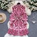Women's Retro Court Style Midi Dress High End Printed Lantern Sleeve Stand Collar Slimming Waist Mature Fashion_ecoleips.com