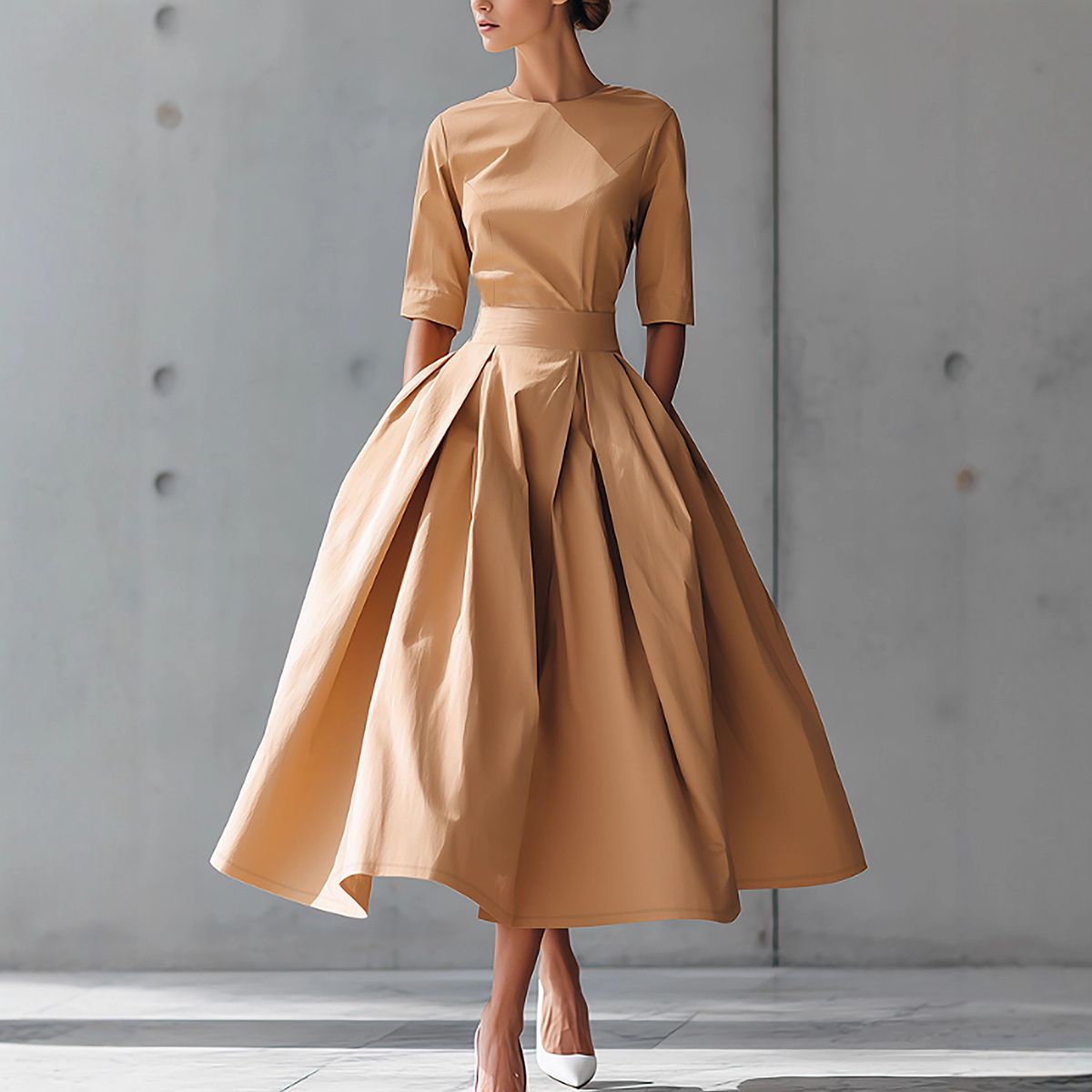 Women's Fashionable Casual Elegant A-Line Dress European American Style Three Quarter Sleeve Solid Color Personalized Design_ecoleips.com
