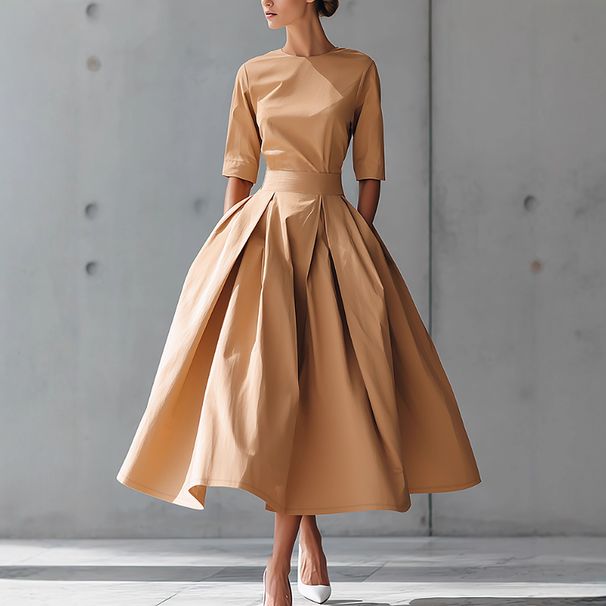 Women's Fashionable Casual Elegant A-Line Dress European American Style Three Quarter Sleeve Solid Color Personalized Design_ecoleips.com