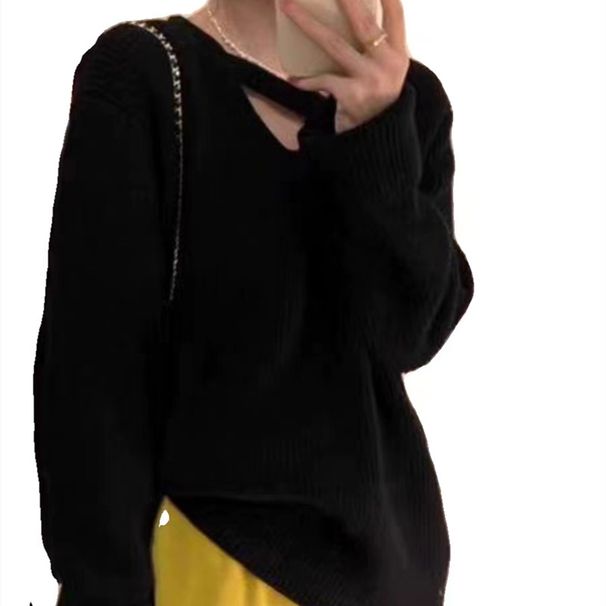 K Design Sense V-neck Collar Knitted Sweater For Women, New Style Pullover Long-sleeved Lazy Style Sweater._ecoleips.com