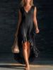 Bohemian V-Neck Maxi Dress for Women Sleeveless Cotton-Linen Blend Summer Dress with Flowy Ruffle Detail_ecoleips.com