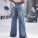 Women's High Waist Wide Leg Jeans Floral Print Slit Hem Retro Button Detail Spring Summer New Arrival Denim_ecoleips.com