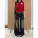 Women Vintage Washed Black Flare Jeans, High Waist Triple Button Stretch Denim Bootcut Pants, Slim Fit Retro Wide Leg Trousers For Daily Street Club C_ecoleips.com