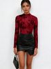 Women's Clothing Navy Blue Flocked Rose Mesh Long Sleeved Top Slim Fit Inner Layer Style For Women For Formal & Casual For Women_ecoleips.com