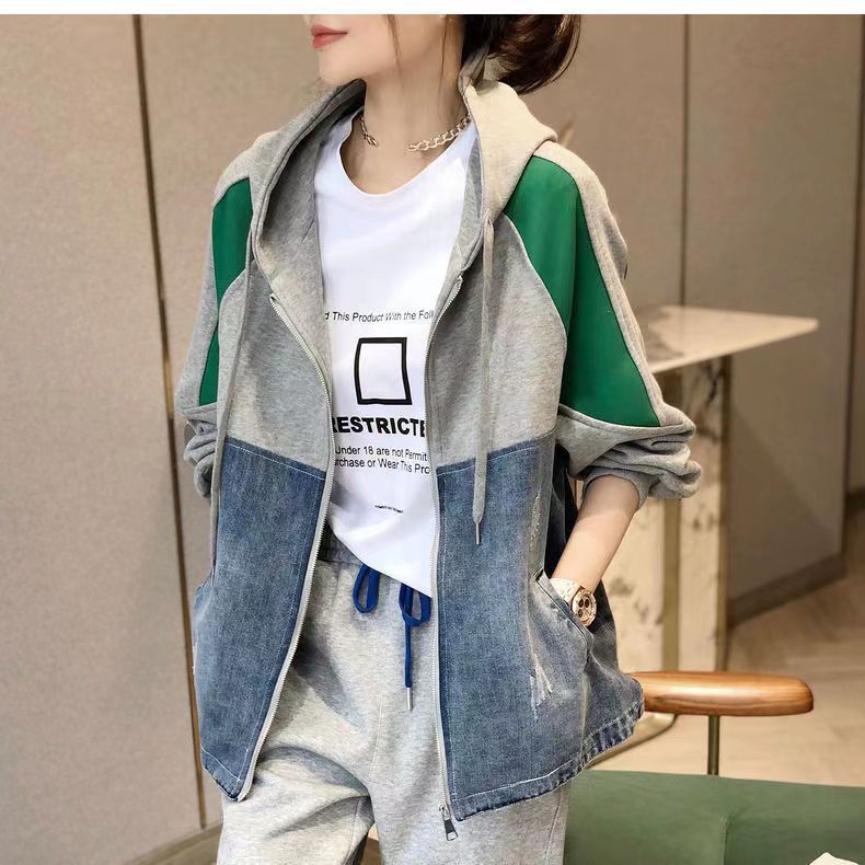 Women's Clothing Casual Color Matching Women's Hooded Loose Casual Jacket Tops Spring And Autumn Clothes_ecoleips.com