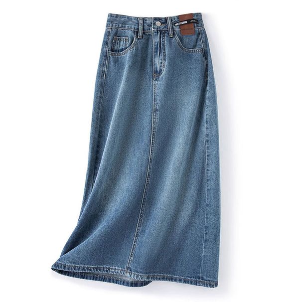 Women's Clothing Retro Back Slit Skirt For Women Design Leather Brand High Waist A Line Medium Long Straight Tube Meat Covering Hip Denim Skirt_ecoleips.com