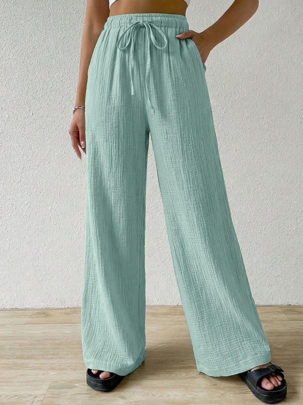 Women's Casual Wide Leg Pants With Pockets, Textured Fabric High Waist Pull String Trousers, Comfortable Daily Wear Lounge Pants_ecoleips.com