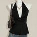 Women's European American Style Halter Neck Tie Backless Ruched Slim Fit Sleeveless Vest Summer Top Flattering Tummy Hider_ecoleips.com
