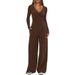 Solid-Color 2-Piece Casual Set: Knitted V-Neck Long-Sleeved Wide-Leg Pants For Sporty Outfits_ecoleips.com