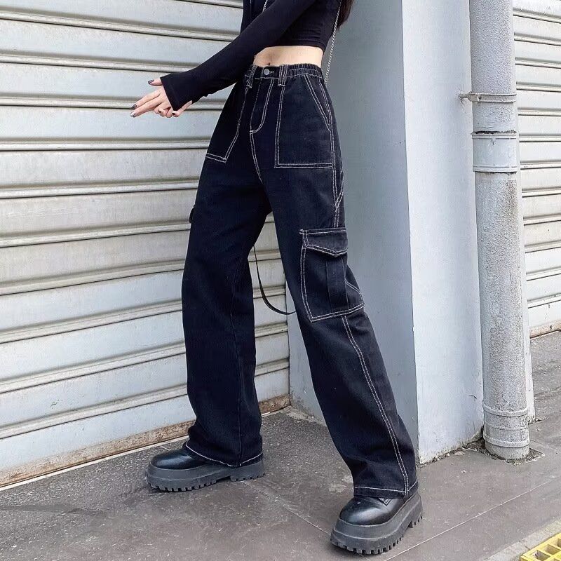 Women’s Clothing workwear jeans women autumn and winter new multi pocket denim wide leg trousers_ecoleips.com