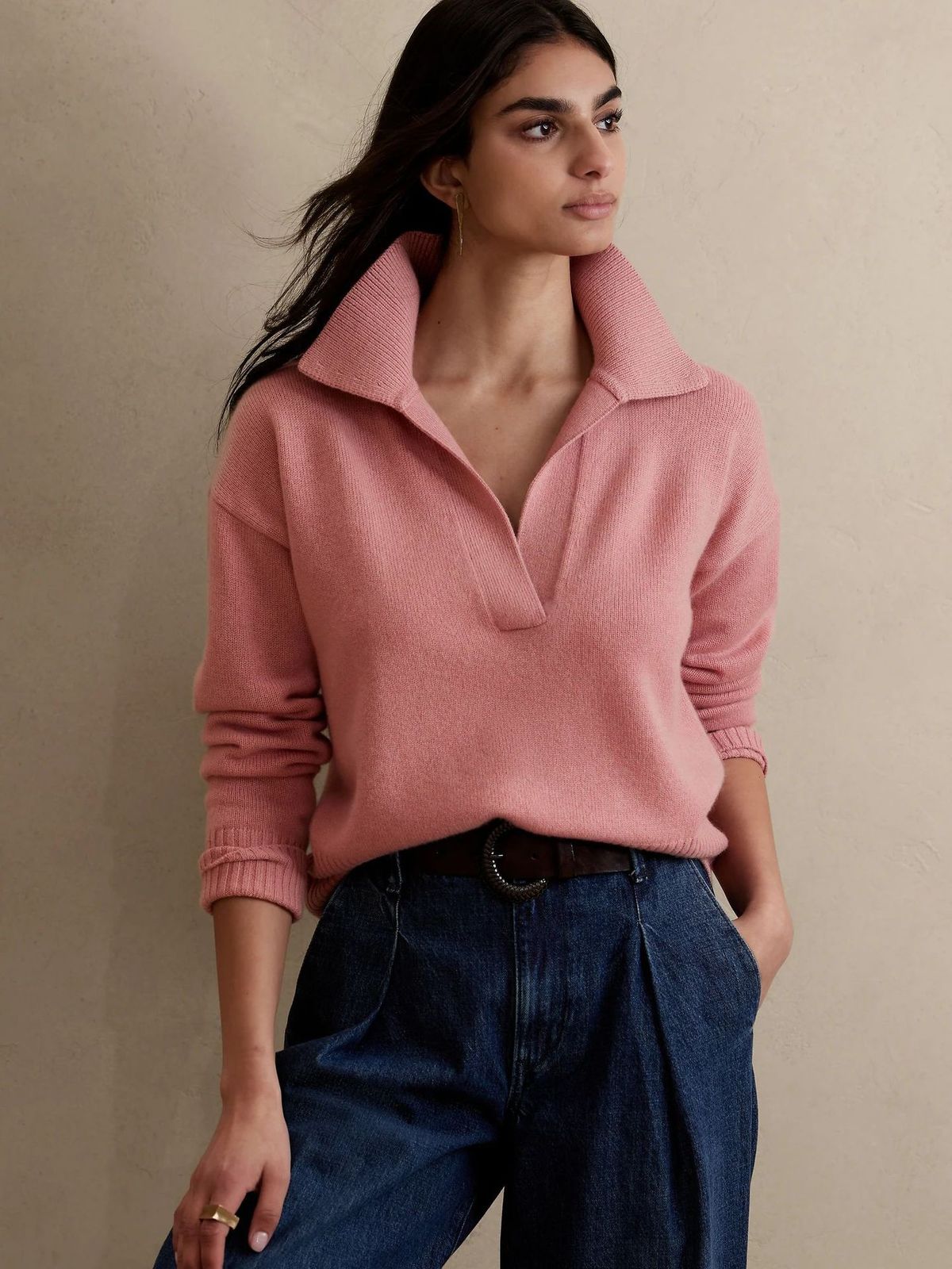 Women's Clothing 3D Textured Polo Neck Sweater - Stretchable Spandex Blend Casual Pullover For Everyday Comfort_ecoleips.com