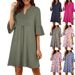 2025 New Solid Color V-Neck Loose Pleated Five Quarter Ruffle Sleeve Dress For Women_ecoleips.com