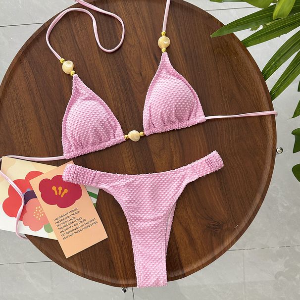 Women's Clothing Sexy Solid Color Halter Neck Beaded Beach Bikini Swimsuit For Women Style Quick-Dry Polyester, Modest Coverage_ecoleips.com