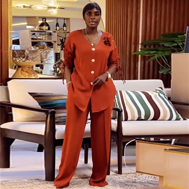 Women's Clothing Women's European American Style Sweet Fresh V Neck Short Sleeve Shirt And High Waist Straight Leg Pants Two Piece Set Autumn_ecoleips.com