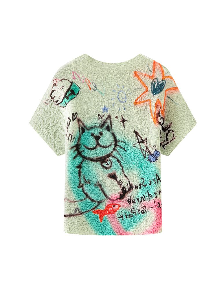 ng2510292 Miyake Fashion Versatile Age-Reducing Printed Short Sleeve T-Shirt For Women Summer 2025 New High-End Pleated Slim Top_ecoleips.com