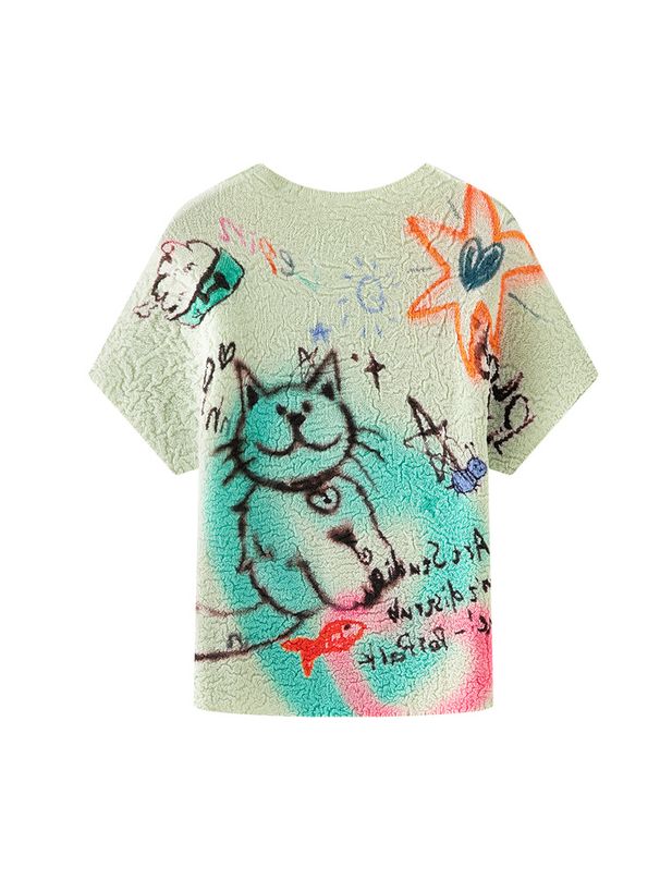 ng2510292 Miyake Fashion Versatile Age-Reducing Printed Short Sleeve T-Shirt For Women Summer 2025 New High-End Pleated Slim Top_ecoleips.com