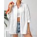 Women's Clothing Linen Solid Color Drop Shoulder Button Loose Women's Shirt Short Sleeve_ecoleips.com