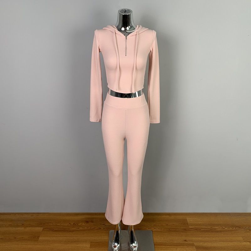 Women's Sports Suit 2025 Spring Pink Slim-Fit Short Long-Sleeve Top Two-Piece Set With Casual Long Pants_ecoleips.com