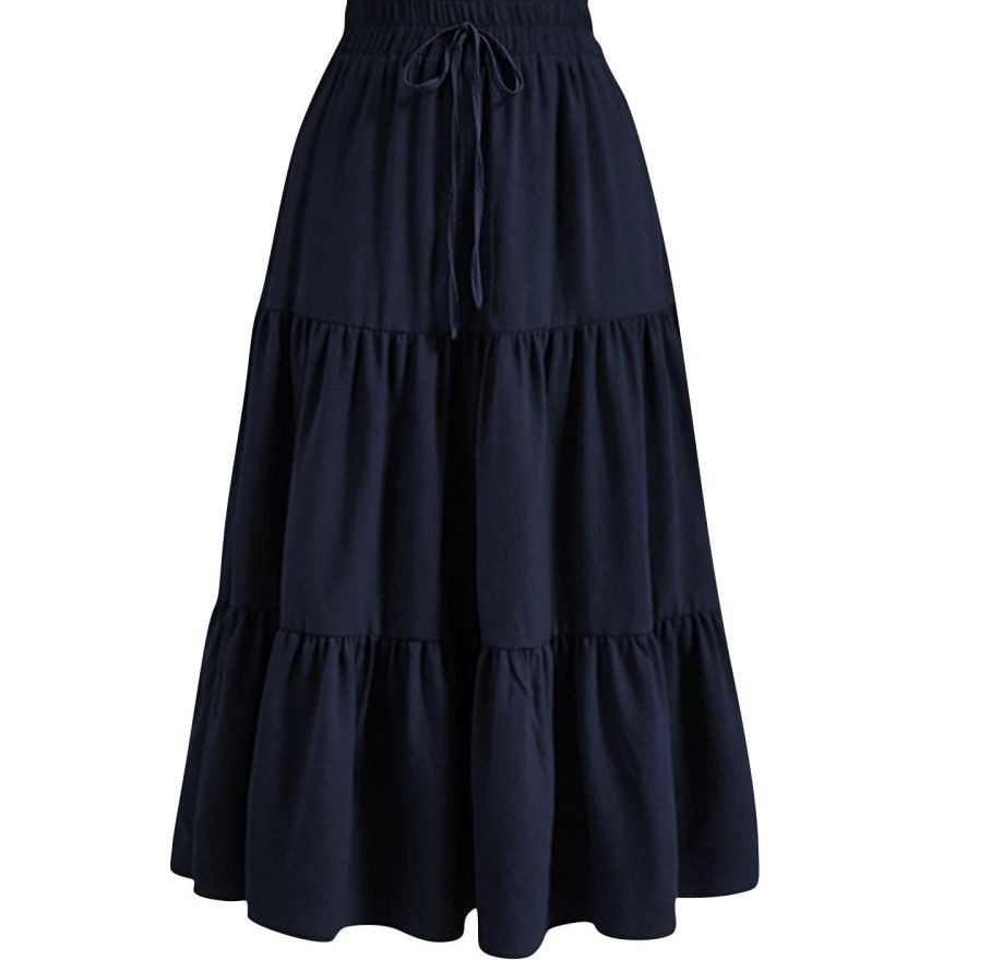 Women's Solid Color Patchwork Pleated Midi Skirt with Elastic Pocket Casual Vintage Style Bottoms_ecoleips.com