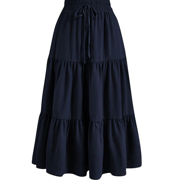 Women's Solid Color Patchwork Pleated Midi Skirt with Elastic Pocket Casual Vintage Style Bottoms_ecoleips.com
