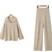 Women's Clothing Chic Oversized Knit Sweater & High-Waisted Trousers Set - Soft Round Neck, Long Sleeves, Streetwear Comfort (Ivory/Grey/Khaki)_ecoleips.com