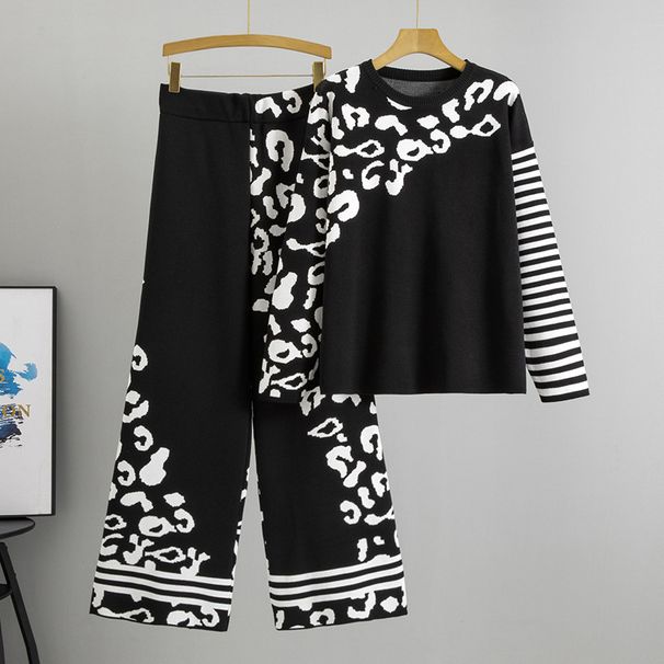 Women's Clothing Two Piece Suits, High End Loose Leopard Print Sweater Pants, Fashionable And Casual Women's Suits_ecoleips.com
