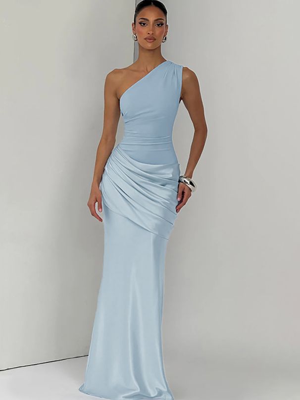 JULISSA MO Patchwork Satin Sexy One Shoulder Ruched Women Dress Backless Maxi Dress Winter Slim Elegant Party Evening Dress 2025_ecoleips.com