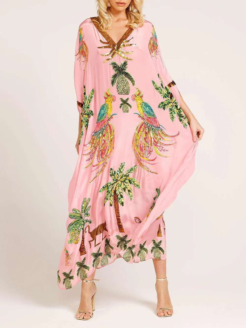 Women's Clothing New Spring V Neck Printed Loose Fashion Dress_ecoleips.com