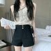 Black Suit Shorts For Women, Loose Fit, Petite Size, High Waist, Slimming, Versatile A-Line Wide-Leg Pants,_ecoleips.com