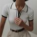 Women's Clothing Slim Short Sleeved Lapel Tops New Thread Tight Contrast Color Temperament Knitted Sweaters_ecoleips.com