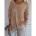 Basic Casual Knit Sweater With Slimming V-Neck And 7/10 Sleeves In Solid Color, Perfect For Women's Undergarments_ecoleips.com