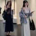 Autumn New Loose Floral Print Vest + Plaid Jacket Shirt Two-Piece Set Maternity Dress_ecoleips.com