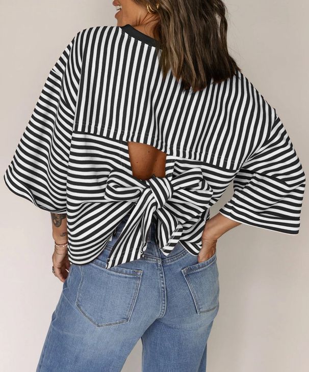 European American Cross-border 2026 Ne Product Omen's Round-neck Striped Pullover Knit Top Ith Back Tie And_ecoleips.com