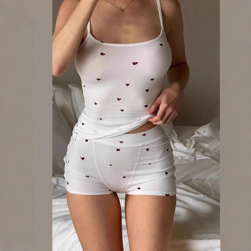 Women's Sexy Slim Fit Heart Print Camisole And Base Shorts Set Cross Border Spring Summer New Casual Clothing_ecoleips.com