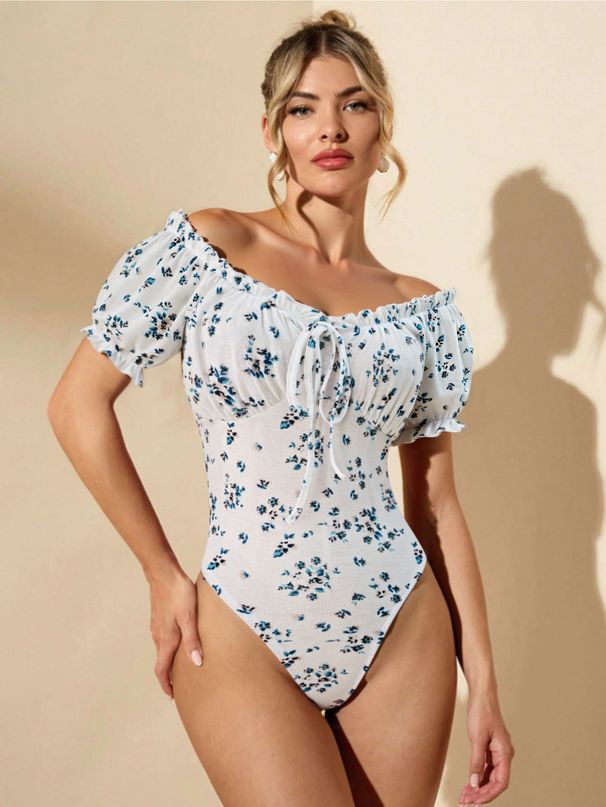 Voya Women's New One Shoulder Floral Bubble Sleeve Jumpsuit With Square Collar And Tie Up Slim Fit Top T-shirt_ecoleips.com