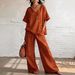 Women's Clothing Summer Casual Cotton Linen Two Piece Set V Neck Wide Leg Pants Style Loose Fit Vacation Wear_ecoleips.com