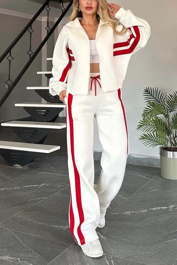 2026 European And American Cross-Border Autumn Foreign Trade Y2K Striped Zipper Jacket Casual Sports Suit For_ecoleips.com