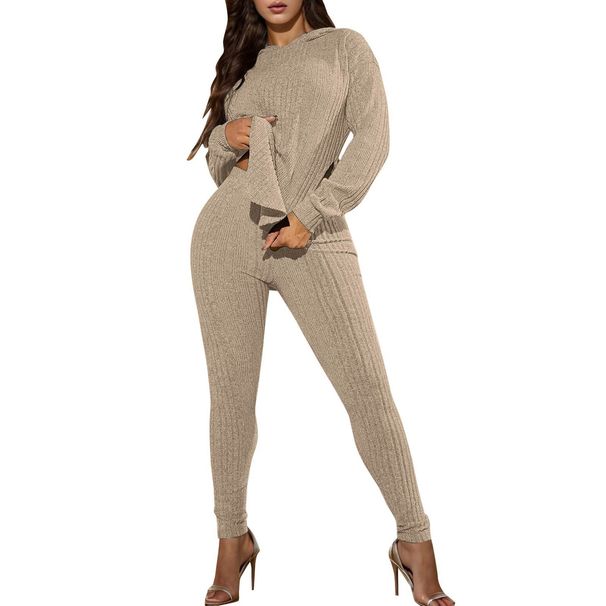 Women's Clothing Solid Color Striped Loose Hooded Fashion Temperament Trousers Set_ecoleips.com