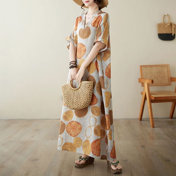 Real Shot Of 2024 Summer V-neck Cotton-linen Plus-size Loose-fitting Artistic Vacation-style Beach Dress, Vintage Long_ecoleips.com