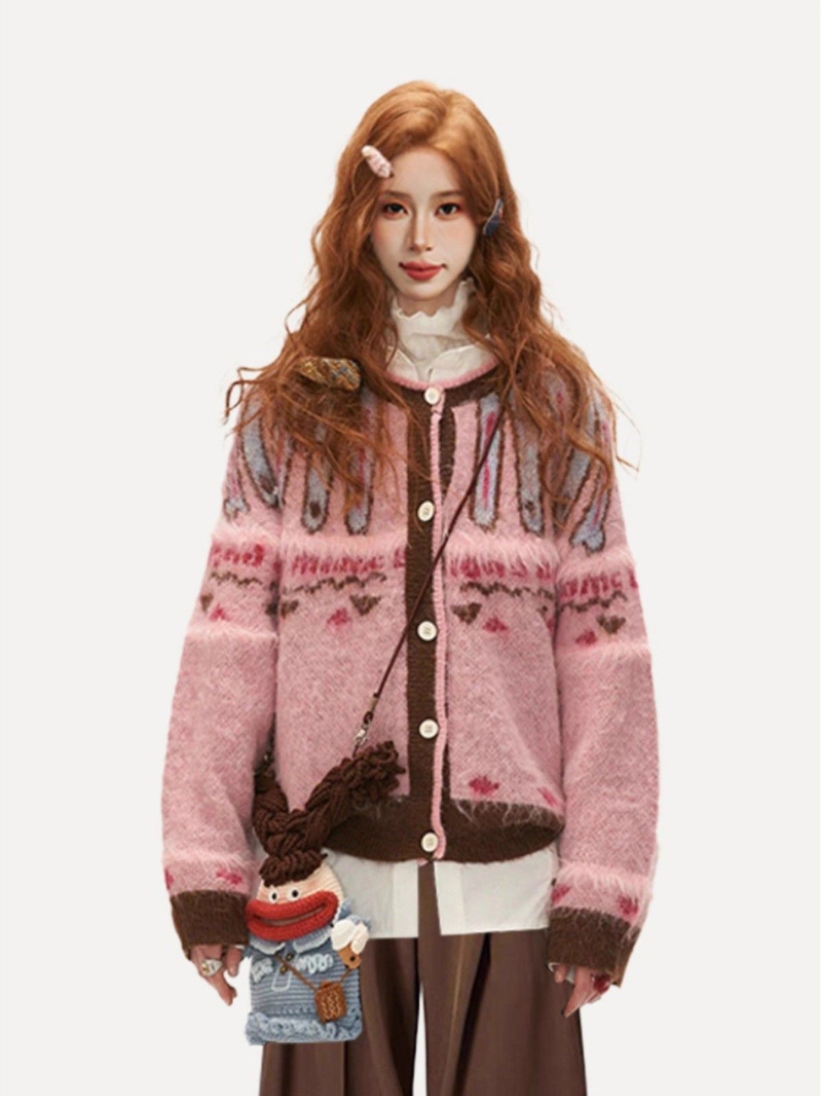 girl Pink Fair Isle Cardigan Coat Women, And Winter, High-End Feel, Lazy Retro Thick Knitted Sweater For Outerwear In Autumn_ecoleips.com